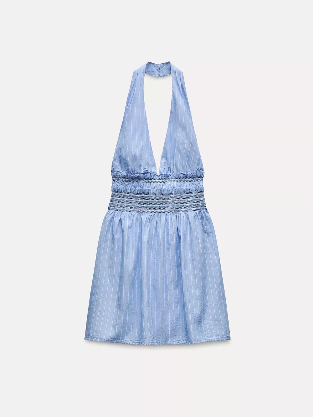 Zara Halter Smocked Waist Mini Dress - Light Blue